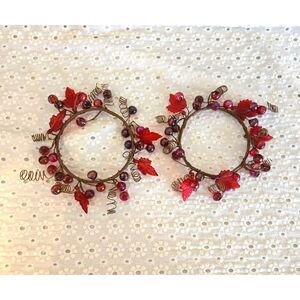 Set of 2 Iridescent Red Beads Leaves Fall Thanksgiving Candle Rings Decor